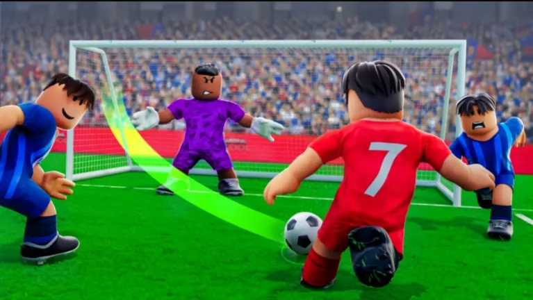 Roblox thumbnail of a soccer match, a player in a red number 7 shirt shooting at a goalkeeper in purple.